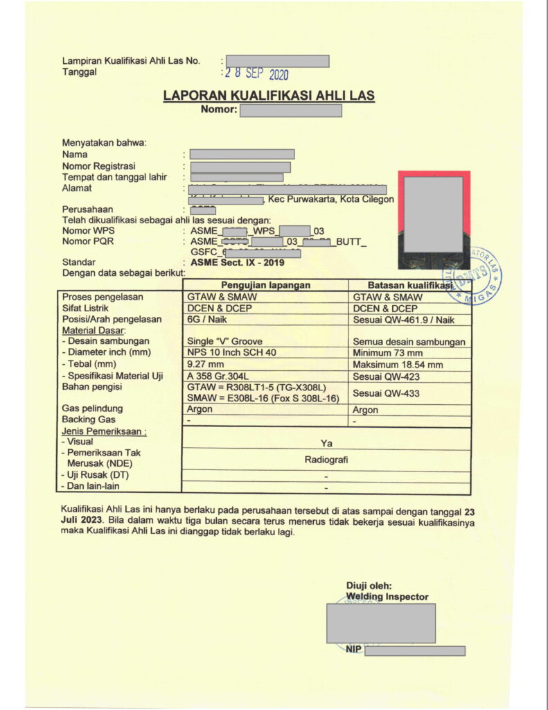 Contoh Sertifikat Welder