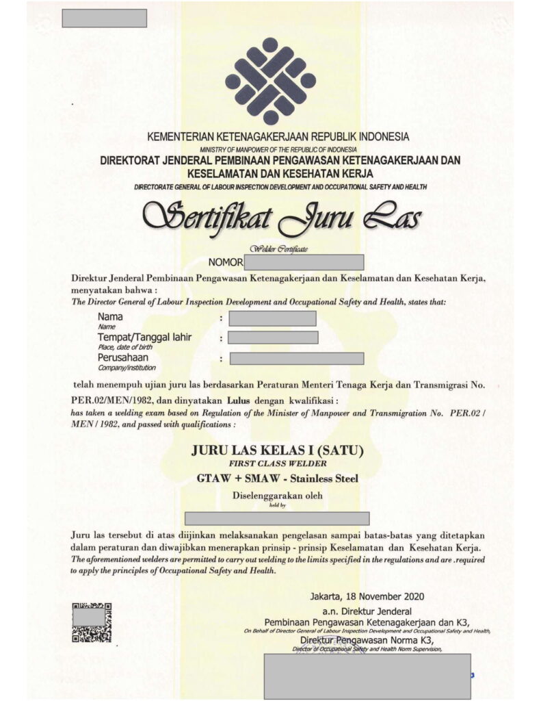 Contoh Sertifikat Welder Kemnaker